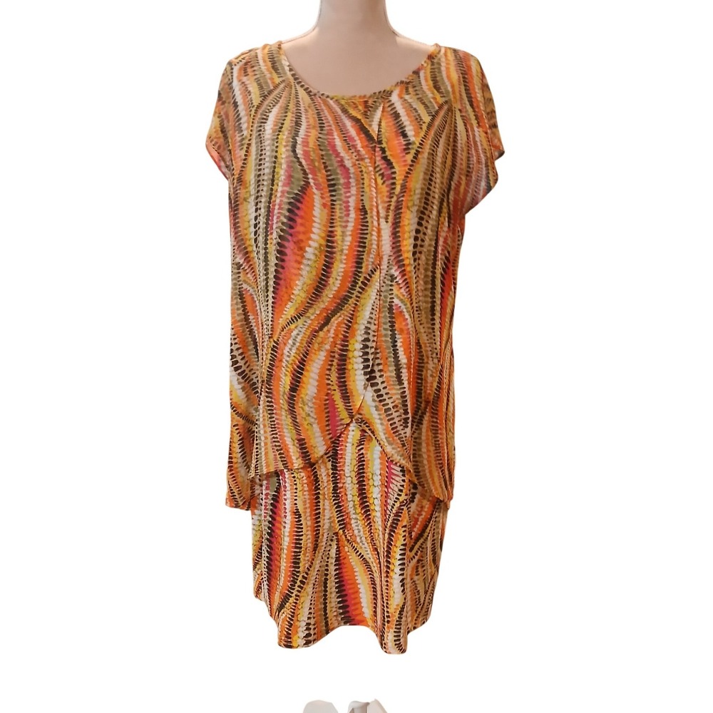 Vtg JBS Womens Large Orange Abstract Geometric Layered Overlay Sheath Dress y2k